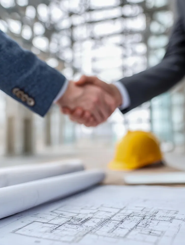 Business handshake between contractor and project manager over construction blueprints with safety helmet, representing contract and subcontractor management