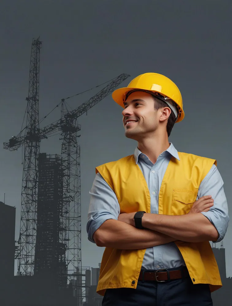 Construction engineer wearing a yellow safety helmet and reflective vest standing confidently with tower cranes in the background