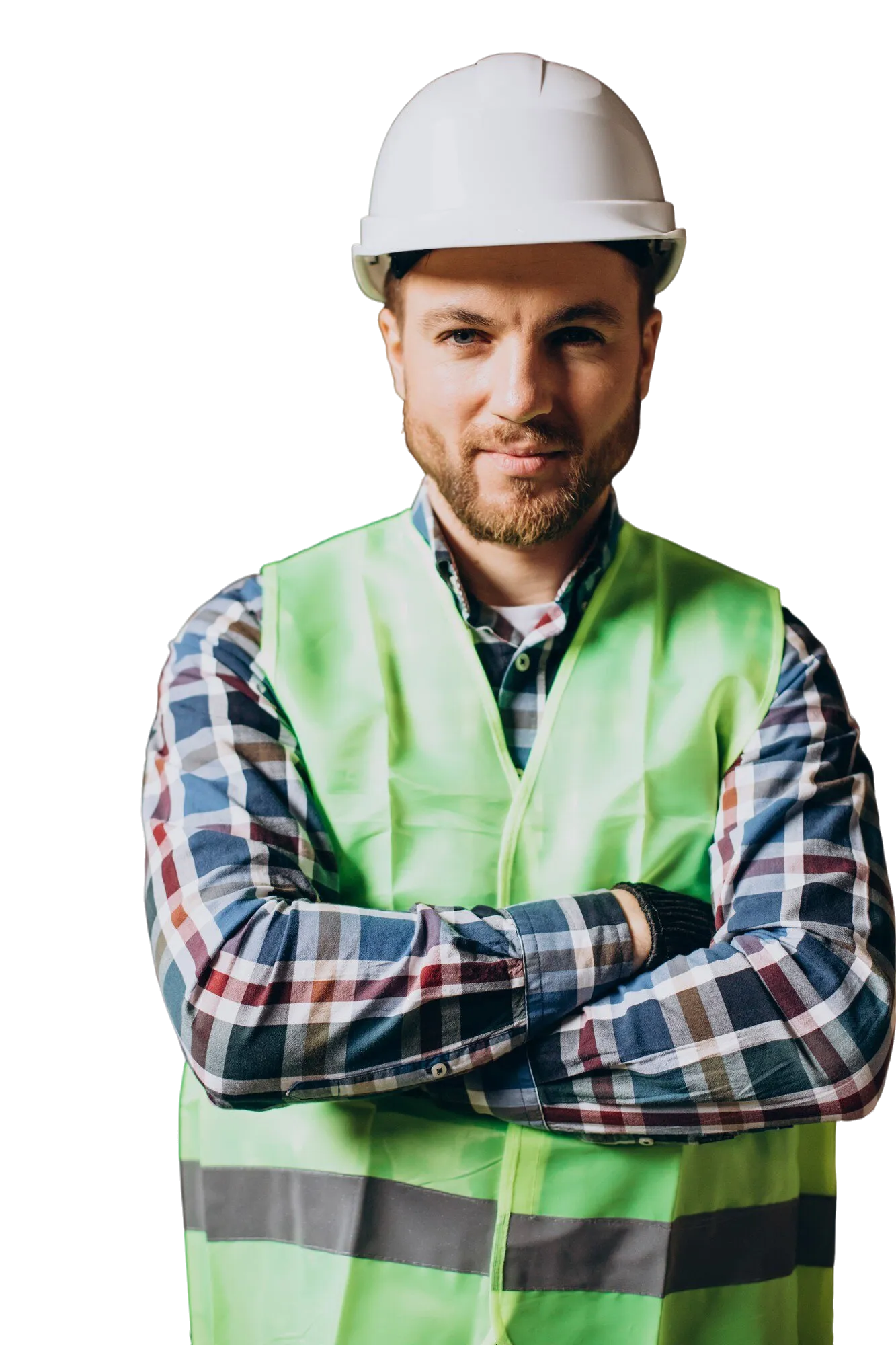 Construction project manager wearing safety helmet and reflective vest reviewing architectural blueprints, isolated background