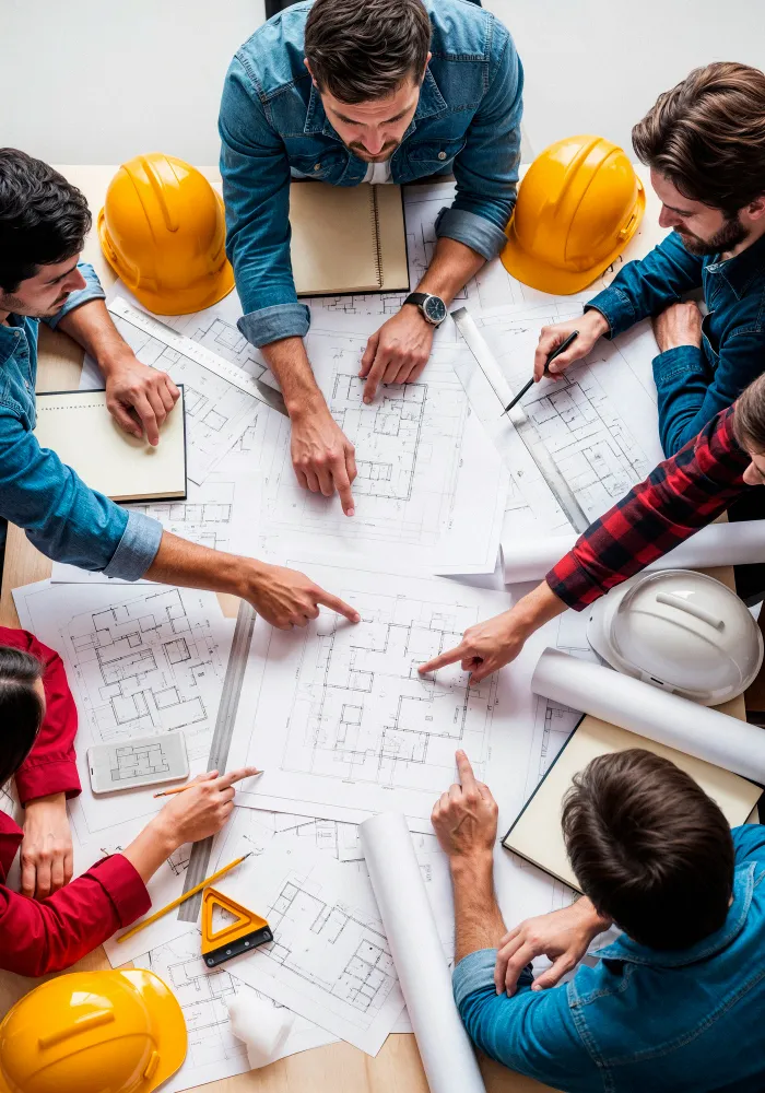 Engineering team collaborating around construction blueprints with safety helmets and architectural plans on a work table