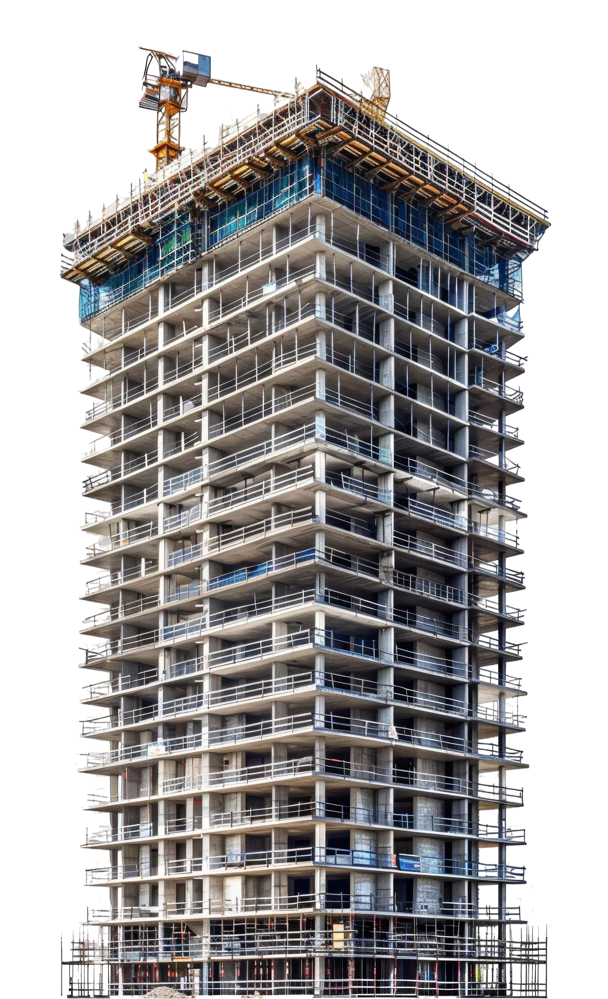 High-rise concrete building structure under construction with multiple floors, safety railings, and tower crane on top, isolated background