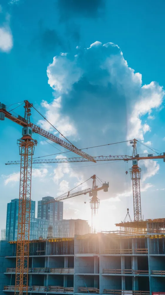 High-rise building under construction with multiple tower cranes and city skyline in the background