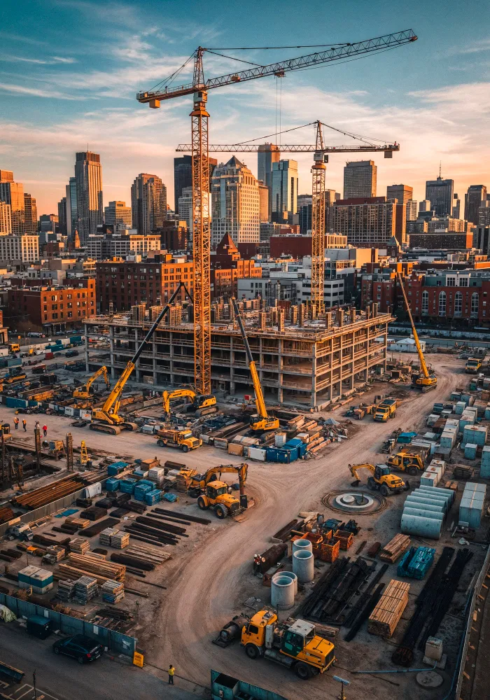 Large construction site with tower cranes, heavy machinery, and multi-story building under development in an urban area