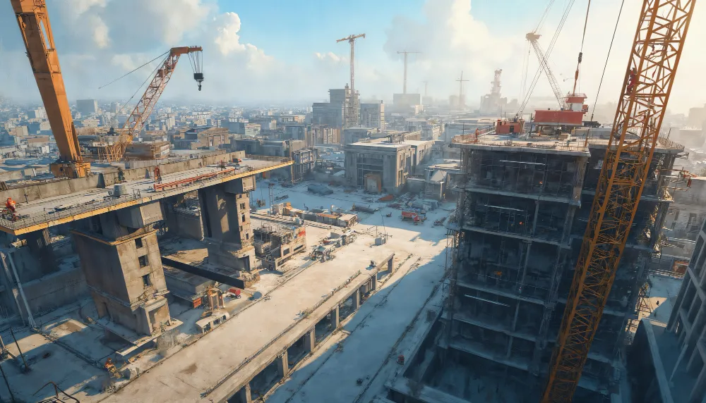 Large urban construction site with multiple tower cranes, high-rise buildings under construction, and infrastructure works in progress