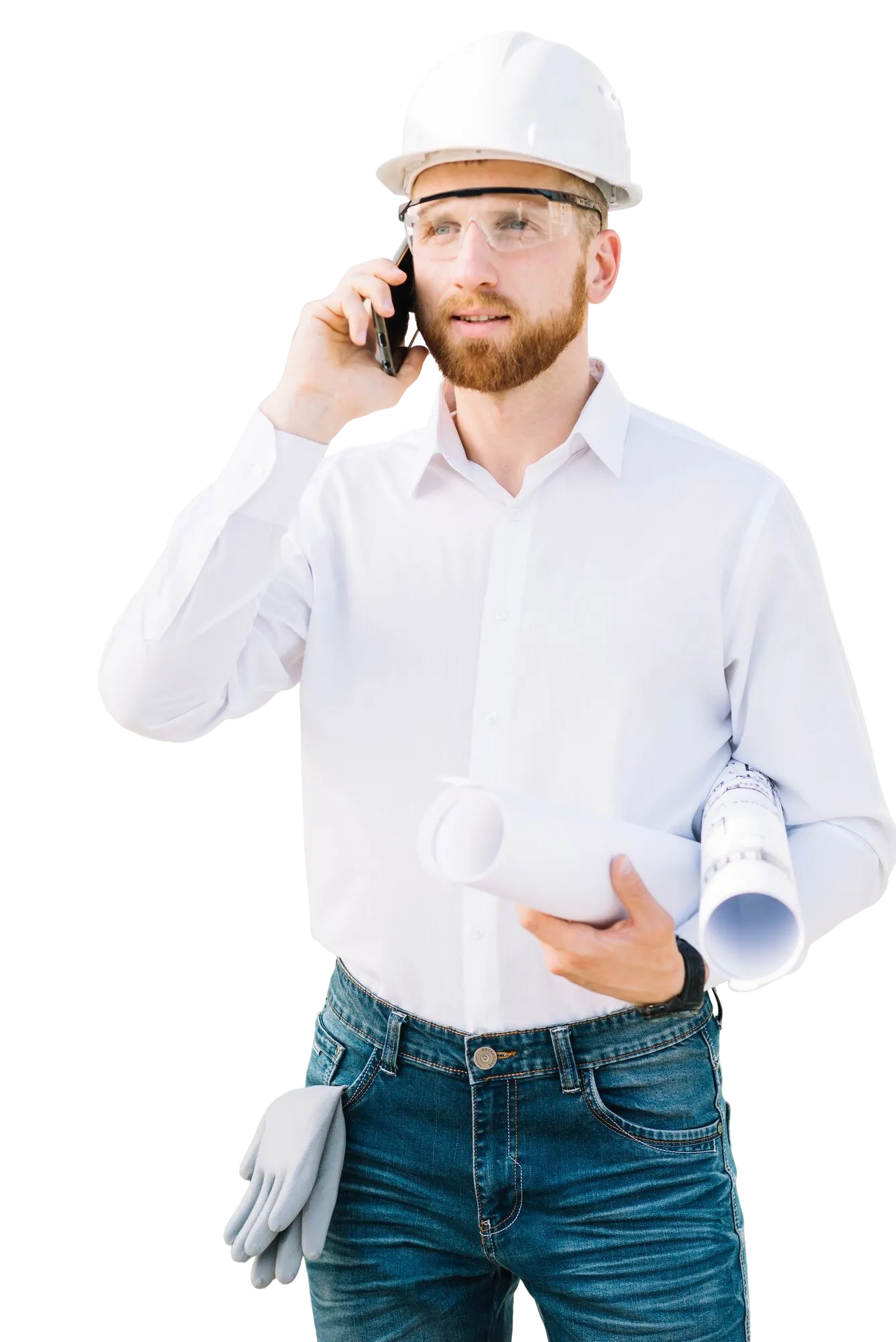 Site engineer wearing safety helmet and holding construction drawings while talking on the phone, isolated background