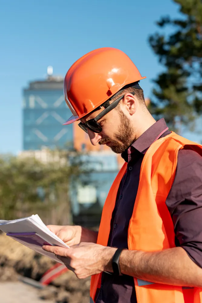 Site engineer wearing safety helmet and reflective vest reviewing documents during on-site inspection